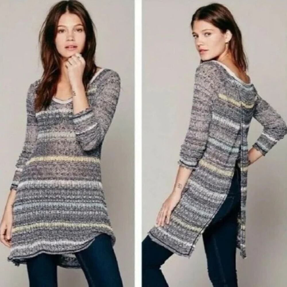 FREE PEOPLE Life Is A Beach Knit Crochet Sweater Open Back Multi Stripe Small